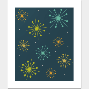 Retro Fireworks Starburst Mid Century Dark Blue Posters and Art